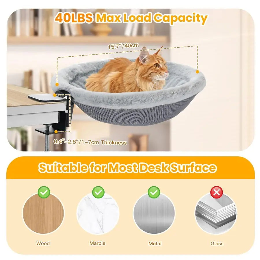 Cat Desk Bed, Sunken Cats Hammock with Steel Clamp Hold up to 40lbs, Oneclick Foldable Cat Side Table Beds with Soft Plush, Reve