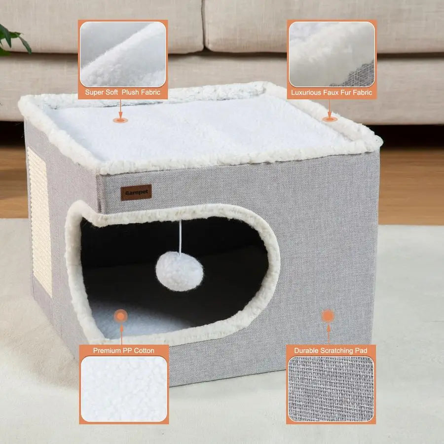 Cat Bed for Indoor Cats Cube House, Covered Cat Cave Beds Furniture with Scratch Pad and Hideaway Tent, Cute Modern Cat Condo f