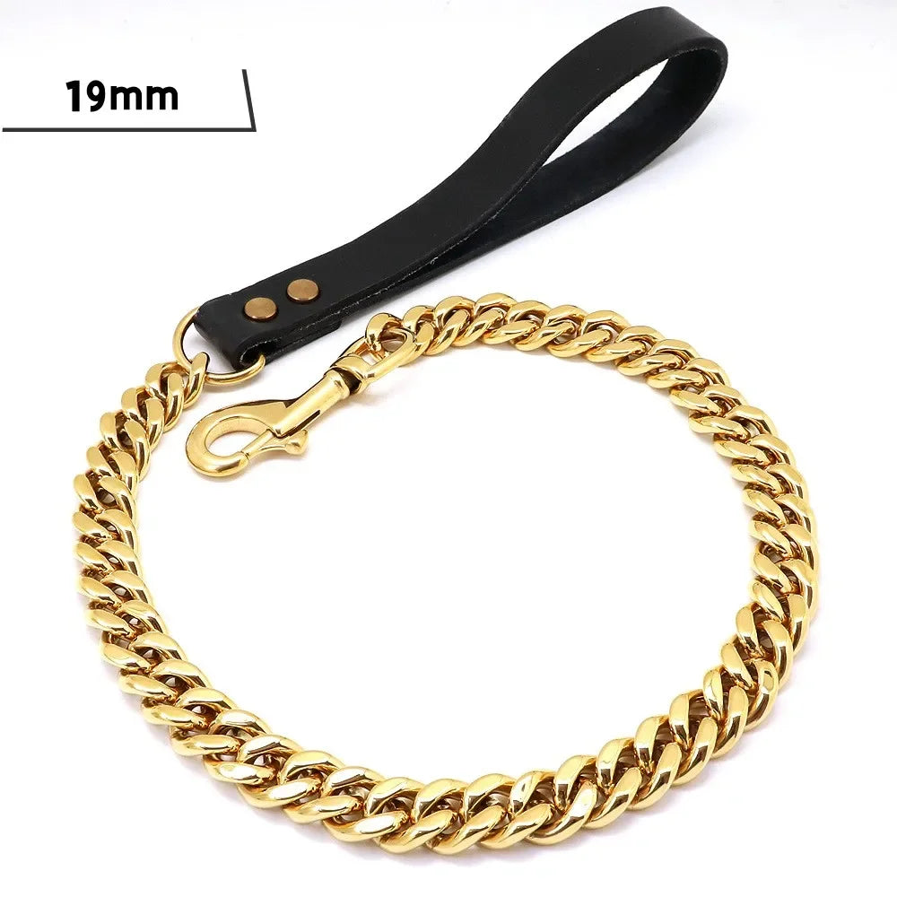 Stainless Steel Dog Leash Pet Lead Traction Super Strong Gold Collar Chain 32mm 19mm Bulldog Pitbull Large Dog Collar Leash