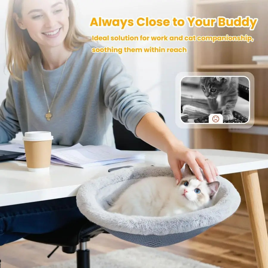Cat Desk Bed, Sunken Cats Hammock with Steel Clamp Hold up to 40lbs, Oneclick Foldable Cat Side Table Beds with Soft Plush, Reve