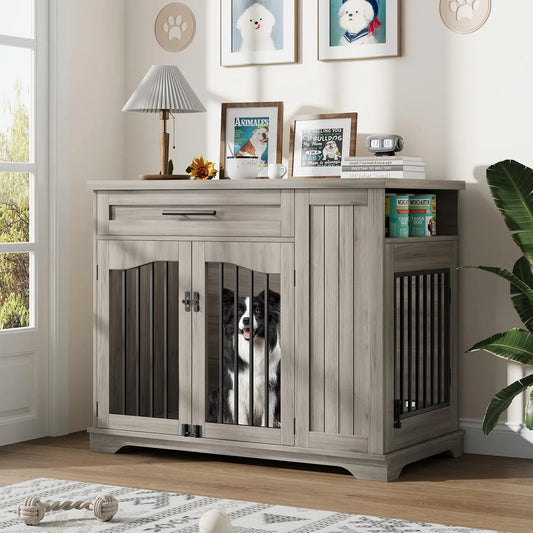 44 Inch Furniture Style Dog Crate Heavy Duty Wooden Dog Kennel With Drawer Side Storage & Built-in Feeding Station For Pets