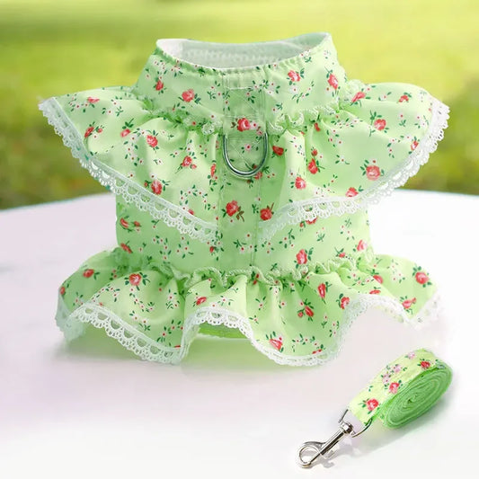 Dog Cat Harness Leash Set Adjustable Lace Floral Printed Pet Harness Vest Cute Dog Clothes Puppy Mesh Harness Dog Accessories