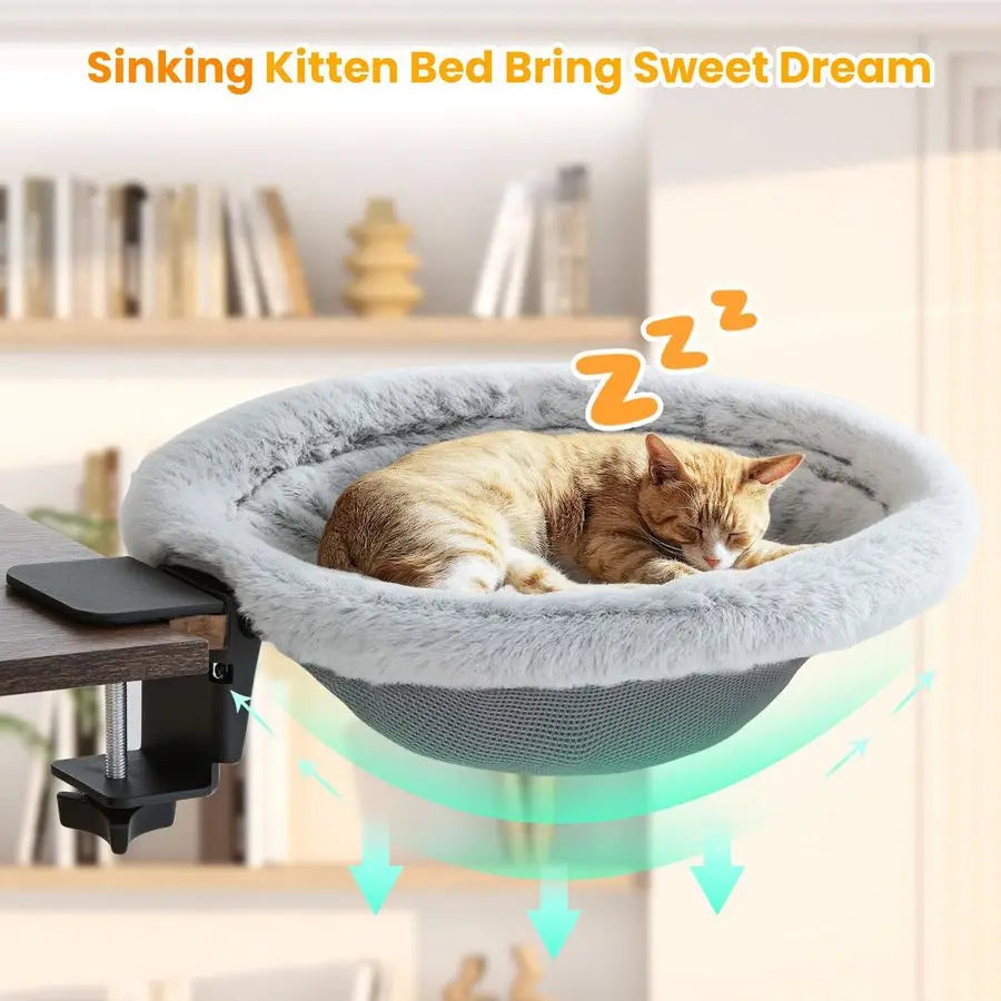 Cat Desk Bed, Sunken Cats Hammock with Steel Clamp Hold up to 40lbs, Oneclick Foldable Cat Side Table Beds with Soft Plush, Reve
