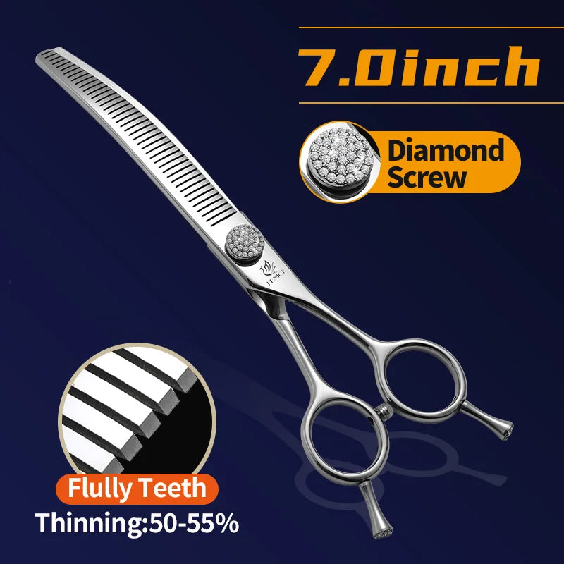 Fenice 7.0/7.5 inch Professional Dog Grooming Shears Curved Thinning Scissors for Dog Face Body Cutiing JP 440C High Quality
