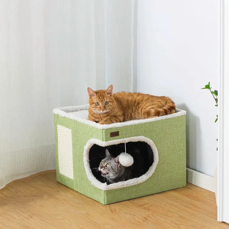 Cat Bed for Indoor Cats Cube House, Covered Cat Cave Beds Furniture with Scratch Pad and Hideaway Tent, Cute Modern Cat Condo f