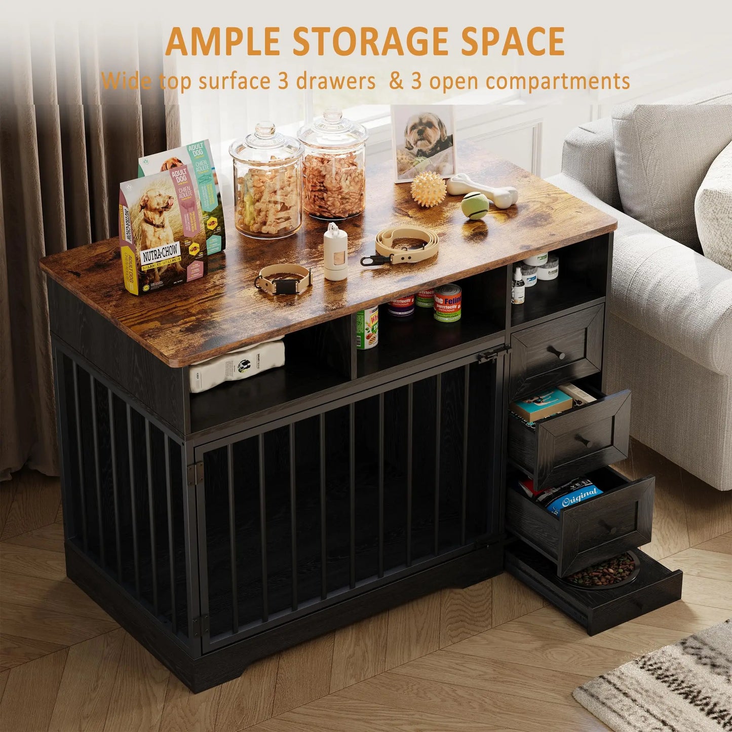 48 Inch Large Farmhouse Wooden Dog Crate Furniture With 6 Storage Drawers Feeding Station Heavy Duty Dog Kennel End Table