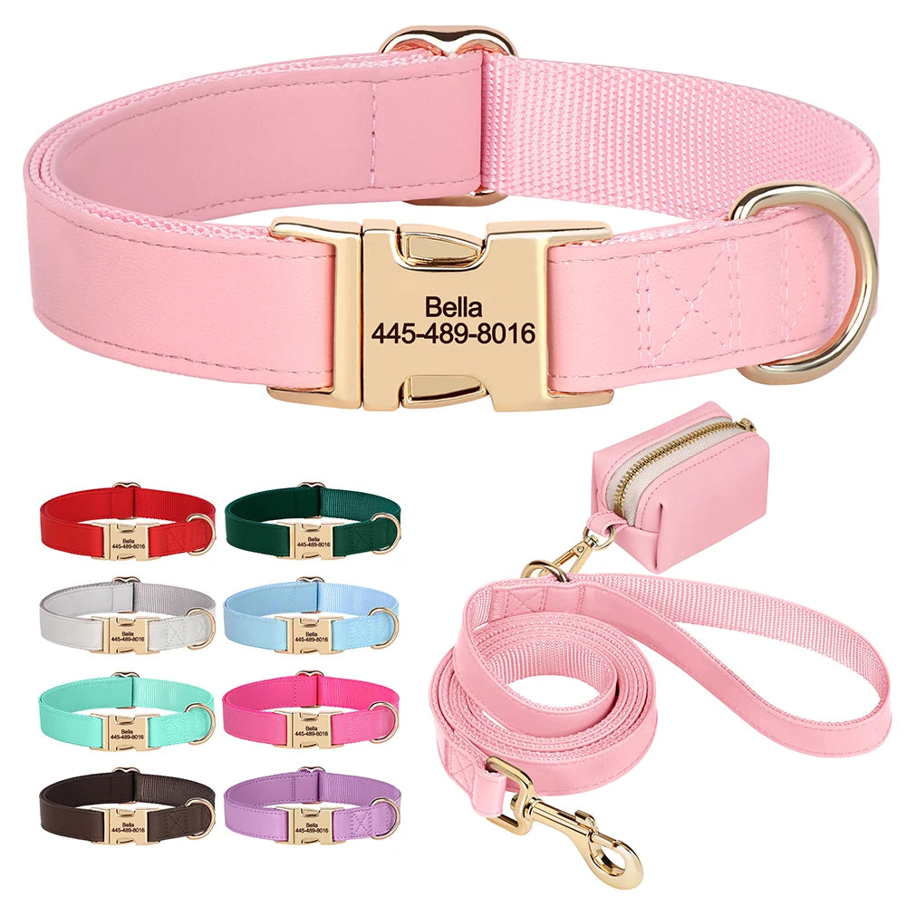 Personalized Dog Collar Leash Bag Set Custom PU Leather Dog Collars Colorful Pet Necklace With Leashes Poop Bag for Dogs Pug