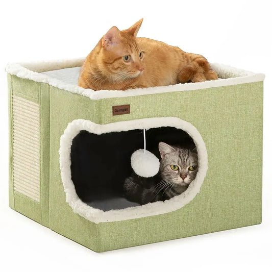 Cat Bed for Indoor Cats Cube House, Covered Cat Cave Beds Furniture with Scratch Pad and Hideaway Tent, Cute Modern Cat Condo f