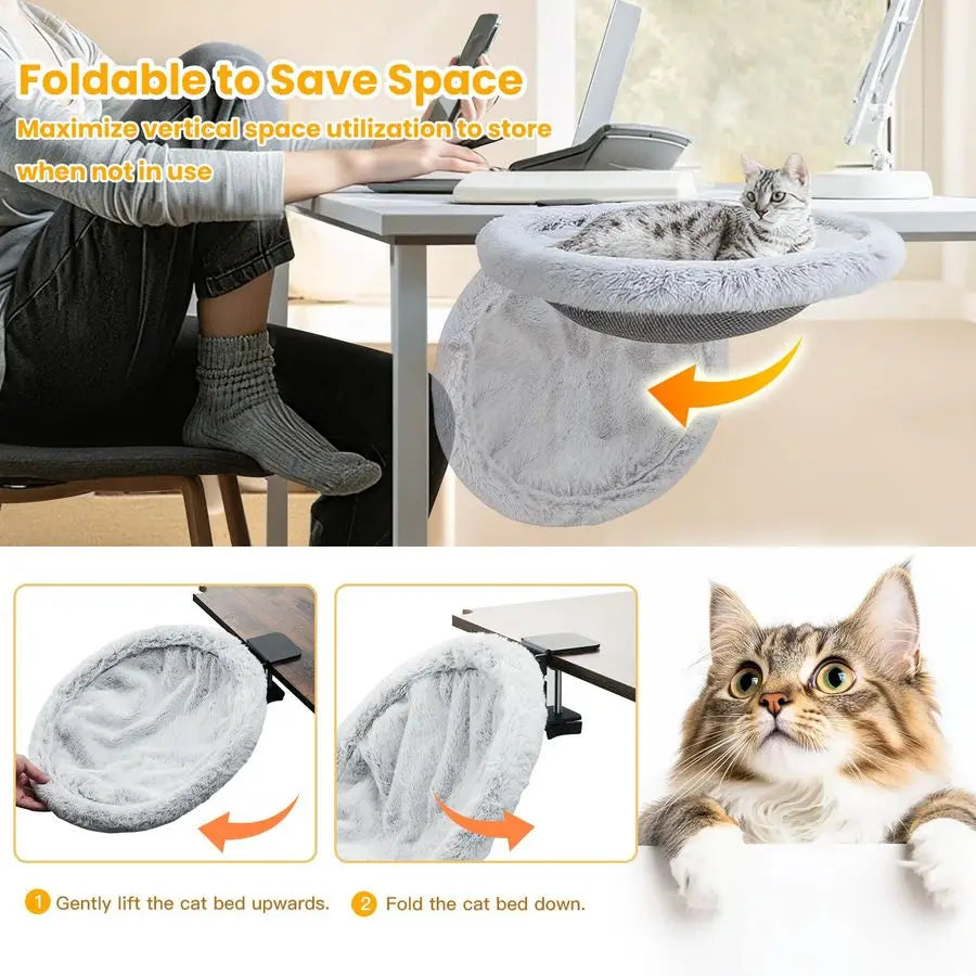 Cat Desk Bed, Sunken Cats Hammock with Steel Clamp Hold up to 40lbs, Oneclick Foldable Cat Side Table Beds with Soft Plush, Reve