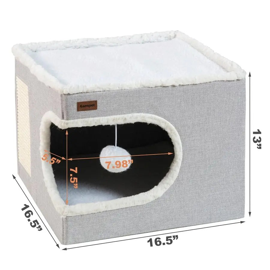 Cat Bed for Indoor Cats Cube House, Covered Cat Cave Beds Furniture with Scratch Pad and Hideaway Tent, Cute Modern Cat Condo f