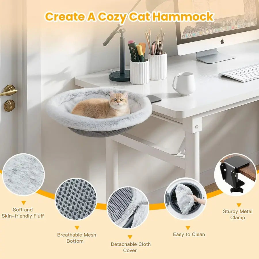 Cat Desk Bed, Sunken Cats Hammock with Steel Clamp Hold up to 40lbs, Oneclick Foldable Cat Side Table Beds with Soft Plush, Reve