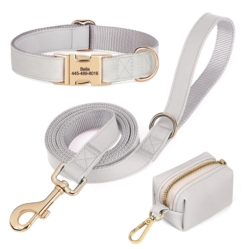 Personalized Dog Collar Leash Bag Set Custom PU Leather Dog Collars Colorful Pet Necklace With Leashes Poop Bag for Dogs Pug