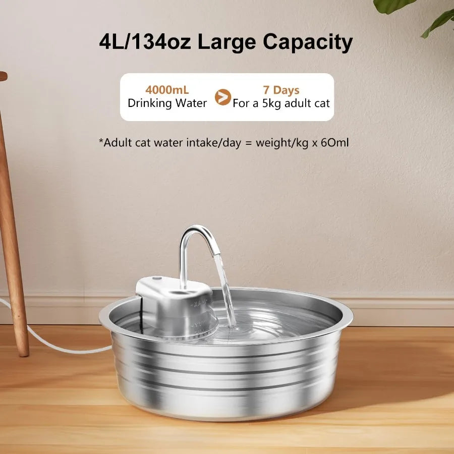 Cat Water Fountain Stainless Steel 135OZ 4L Large Ccity Indoor Pet Water Fountain Ultra-Quiet Pump for Cats Dogs Water Bowl Dis