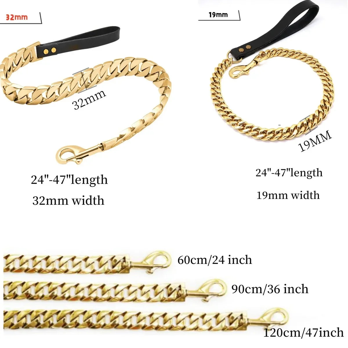 Stainless Steel Dog Leash Pet  Lead Traction  Super Strong Gold Collar Chain 32mm 19mm Bulldog Pitbull Large Dog Collar Leash